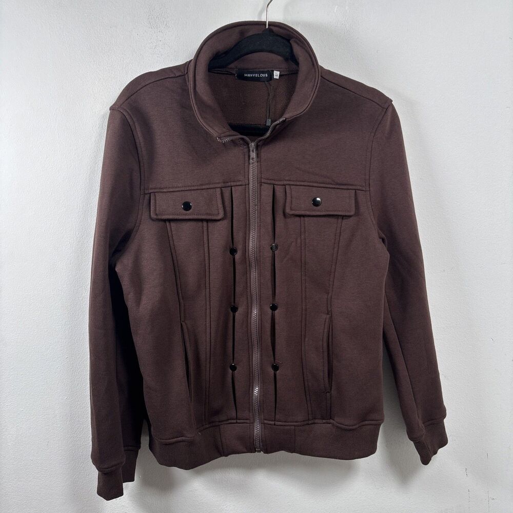 Manvelous Men's Brown Zip Up Utility Jacket Ribbed Cuffs Chest Pockets Size L